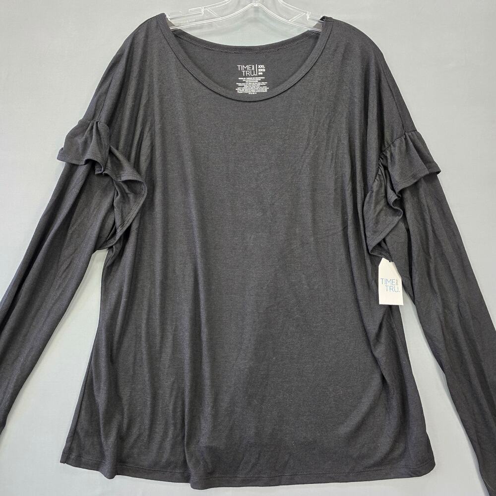 Time Tru Black Shirt Ruffled Long Sleeve Top Semi-Fitted Tee NEW Womens Size XXL